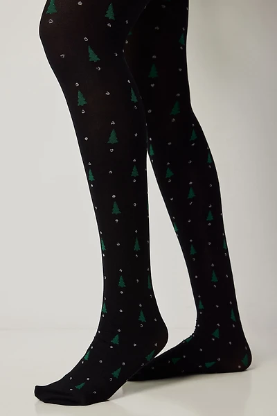 Ardene Trees & Crystals Festive Tights in Black | Elastane/Polyamide