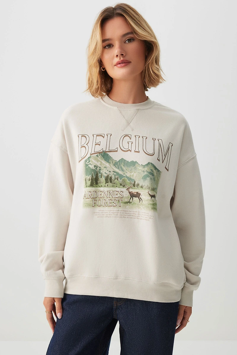Ardene Destination Sweatshirt with Side Pockets in Beige | Size | Polyester/Cotton | Fleece-Lined