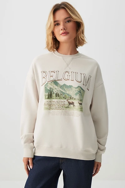 Ardene Destination Sweatshirt with Side Pockets in Beige | Size | Polyester/Cotton | Fleece-Lined