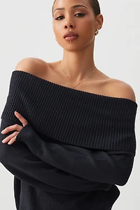 Ardene Fold Over Off Shoulder Sweater in Dark Blue | Size Medium | Polyester/Spandex
