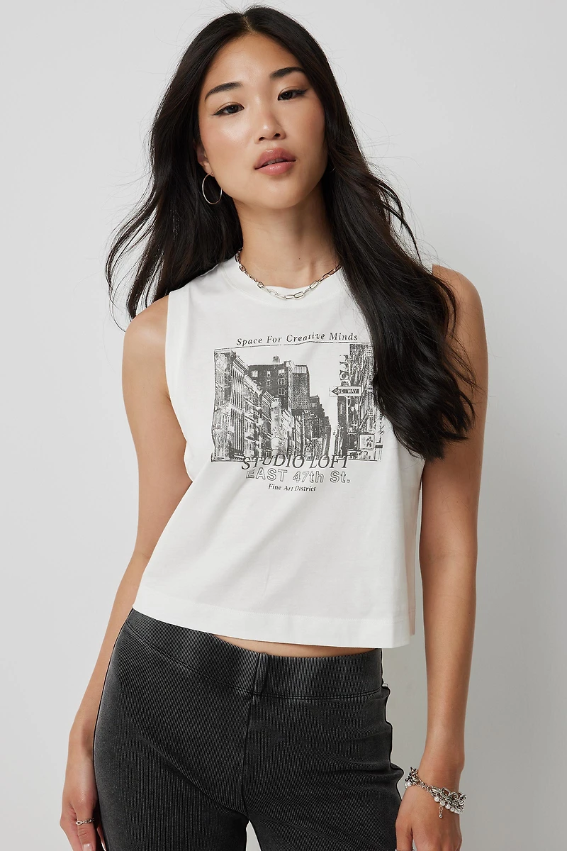 Ardene Graphic Boxy Muscle Tank in White | Size | 100% Cotton