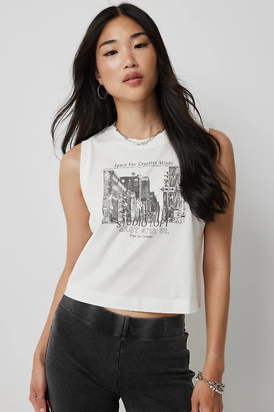 Ardene Graphic Boxy Muscle Tank in White | Size | 100% Cotton