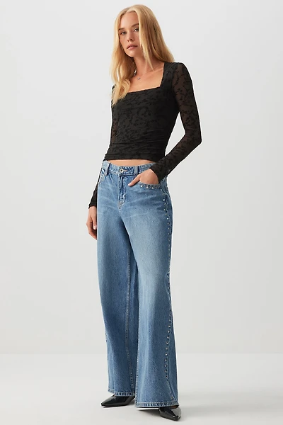 Ardene The Sunday Studded Wide Leg Slouchy Jean in Medium Blue | Size | 100% Cotton
