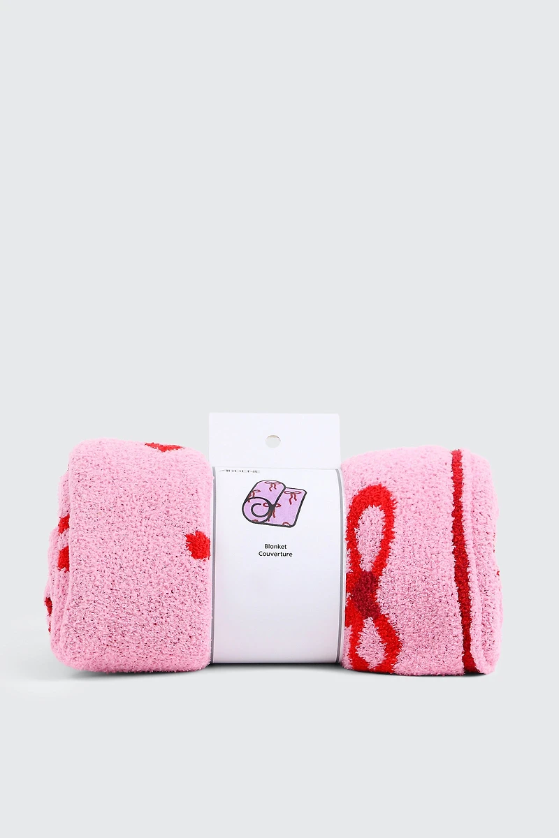 Ardene Bow Print Plush Throw in Light Pink | Polyester