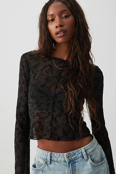 Ardene Flocked Floral Mesh Top in | Size | Polyester/Nylon/Elastane