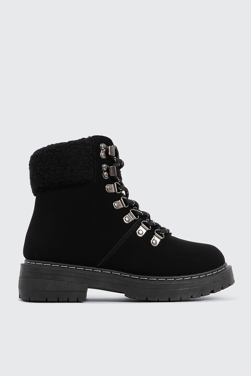 Ardene Winter Hiker Booties with Sherpa Collar in Black | Size | Faux Suede