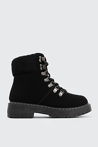 Ardene Winter Hiker Booties with Sherpa Collar in Black | Size | Faux Suede