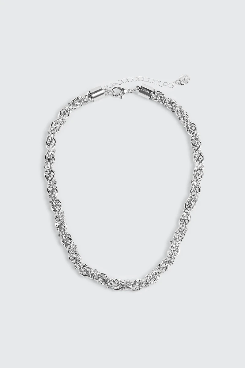 Ardene Torsade Chain Necklace with Rhinestones in Silver