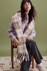 Ardene Rectangular Plaid Scarf with Fringes in Brown | Polyester