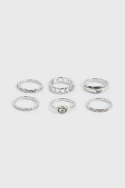 Ardene 6-Pack Stone & Chain Rings in Silver | Size
