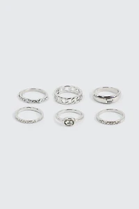 Ardene 6-Pack Stone & Chain Rings in Silver | Size
