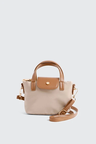 Ardene Kids Mini Nylon Tote Bag with Faux Leather Straps in Beige | Faux Leather/Polyester/Nylon