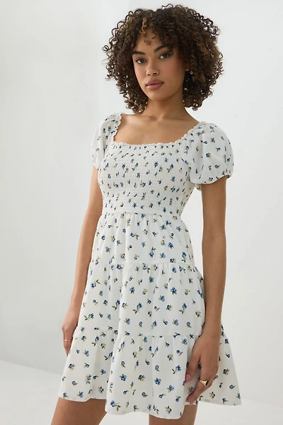 Ardene Smocked Tiered Midi Dress in White | Size | Polyester