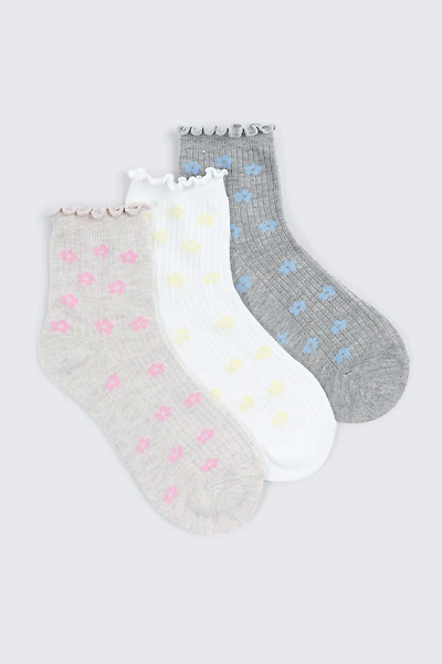 3 paires de demi-chaussettes fleuries