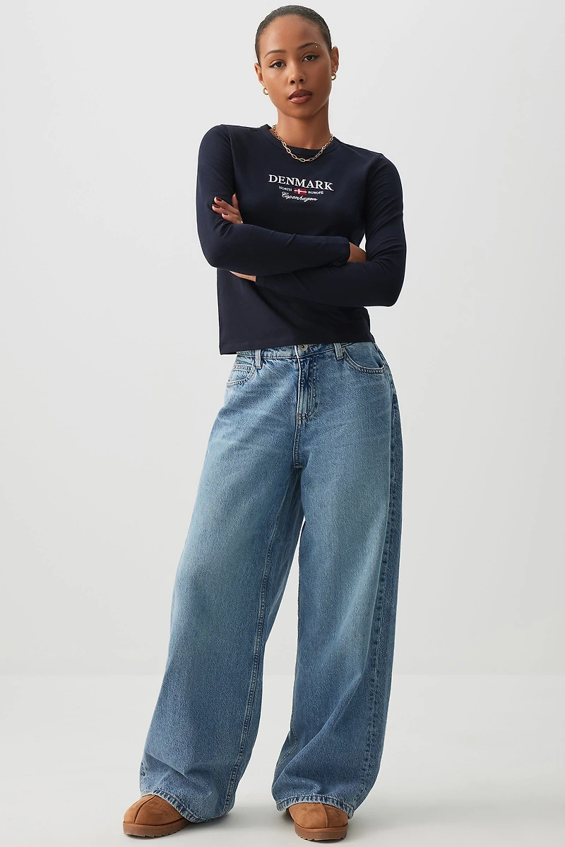 Ardene The Sunday Low Rise Wide Leg Slouchy Jean in Medium Blue | Size | 100% Cotton