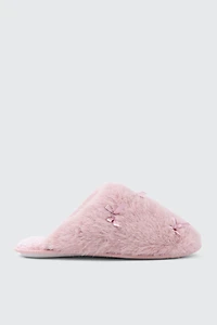 Ardene Faux Fur Slippers with Bow Details in Medium Pink | Size