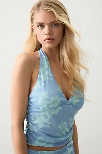 Ardene Crop Floral Mesh Halter Top in Light Blue | Size | Polyester/Spandex
