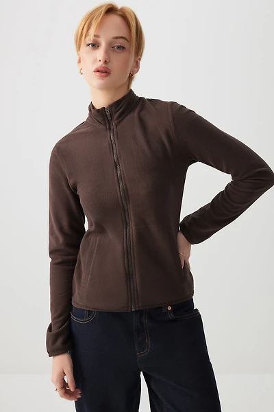 Ardene Zip Up Polar Fleece Jacket in Brown | Size | Polyester