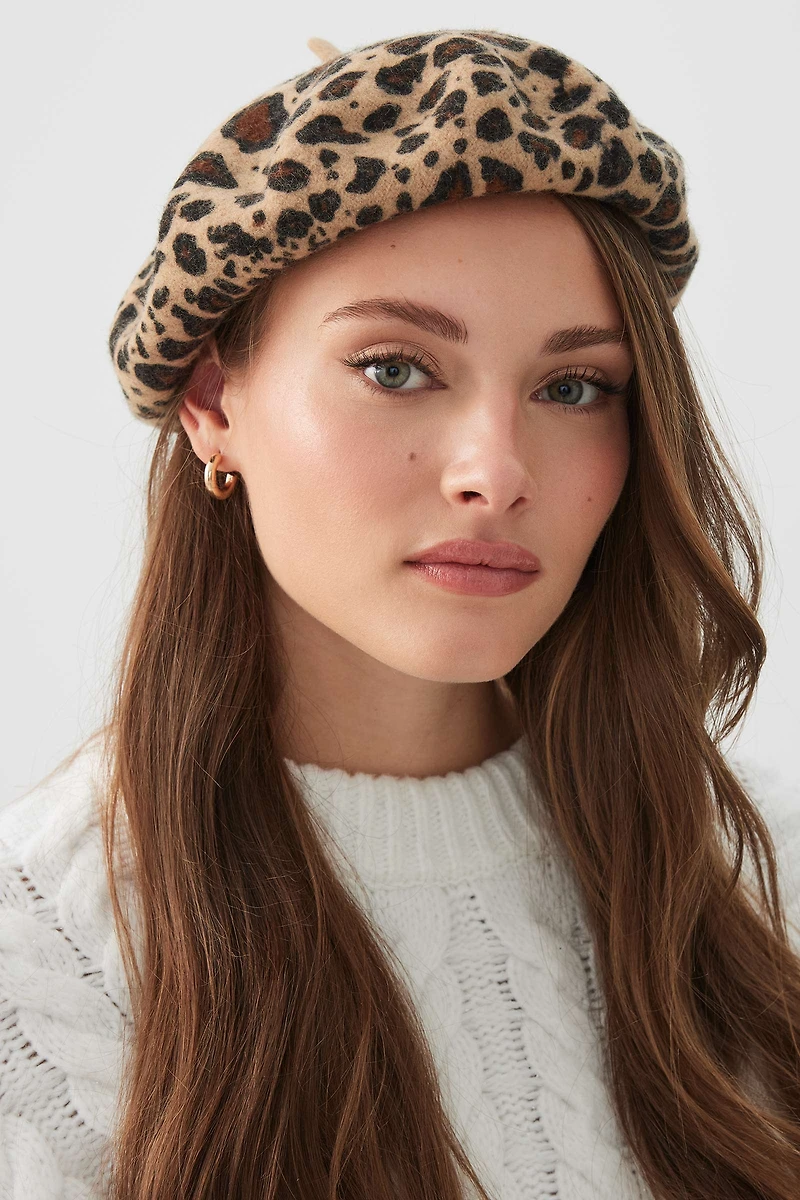 Ardene Leopard Wool Blend Beret in Beige | Polyester