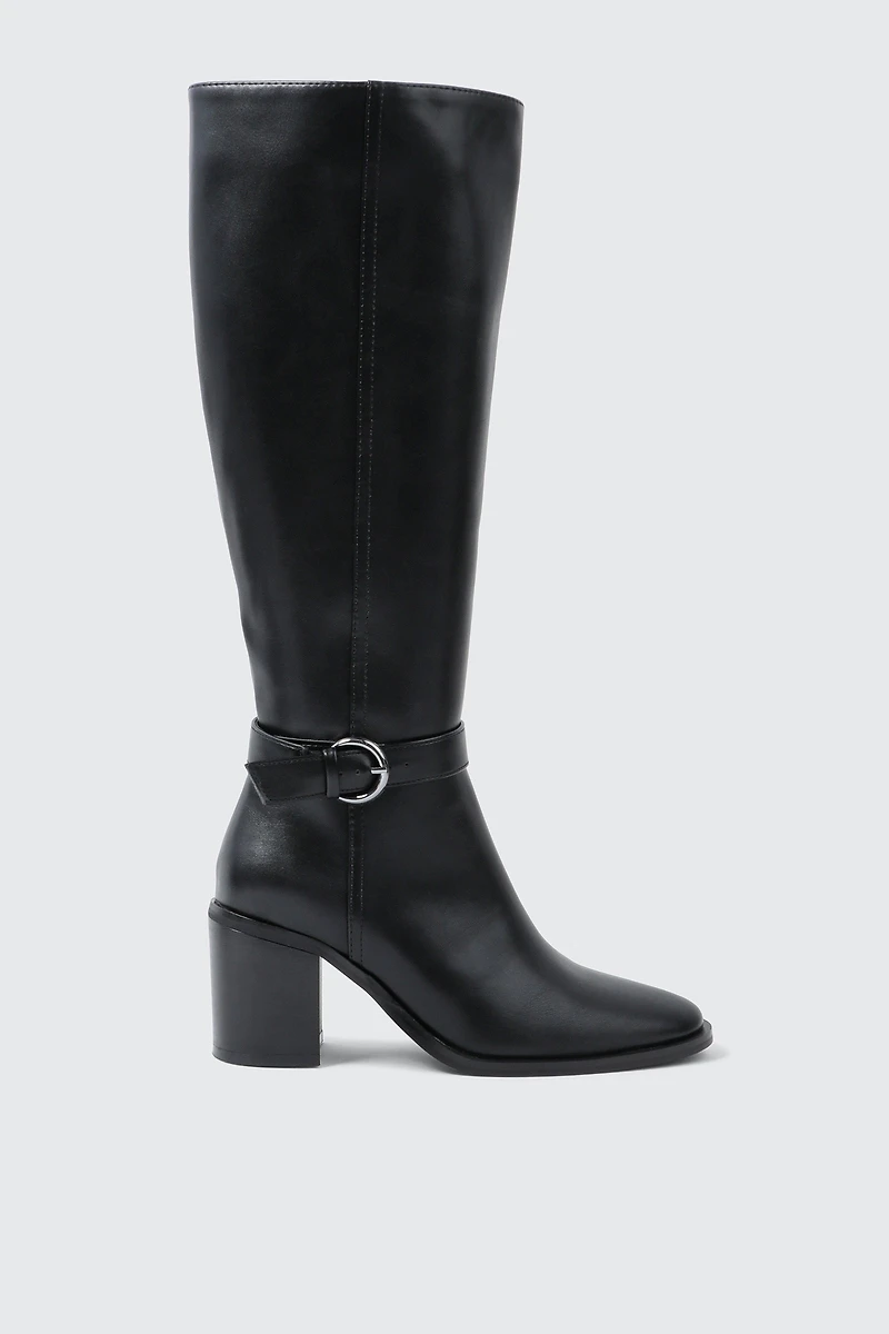 Ardene Knee High Boots with Buckle Strap in Black | Size | Faux Leather