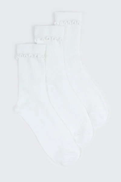 Ardene 3-Pack Lettuce Edge Crew Socks in White | Polyester/Spandex
