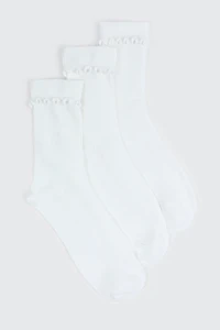 Ardene 3-Pack Lettuce Edge Crew Socks in White | Polyester/Spandex
