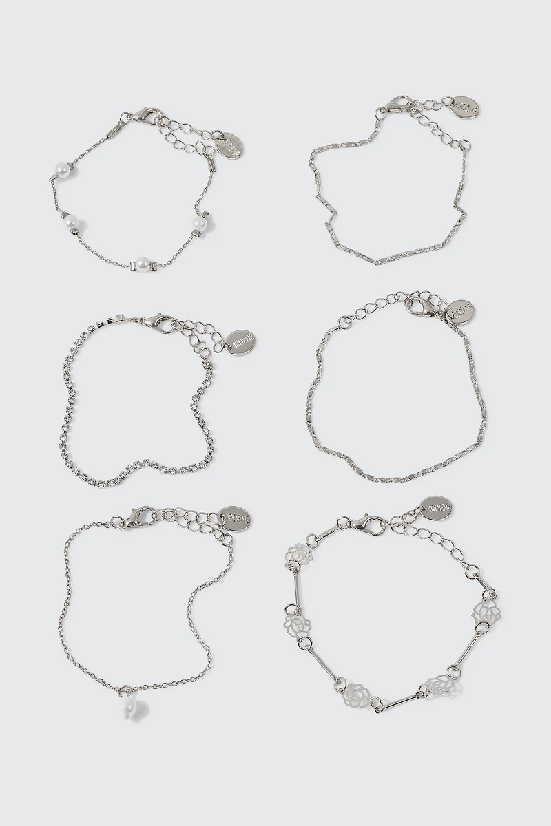 Ardene 6-Pack Pearl & Flower Chain Bracelets in Silver