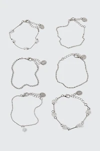Ardene 6-Pack Pearl & Flower Chain Bracelets in Silver