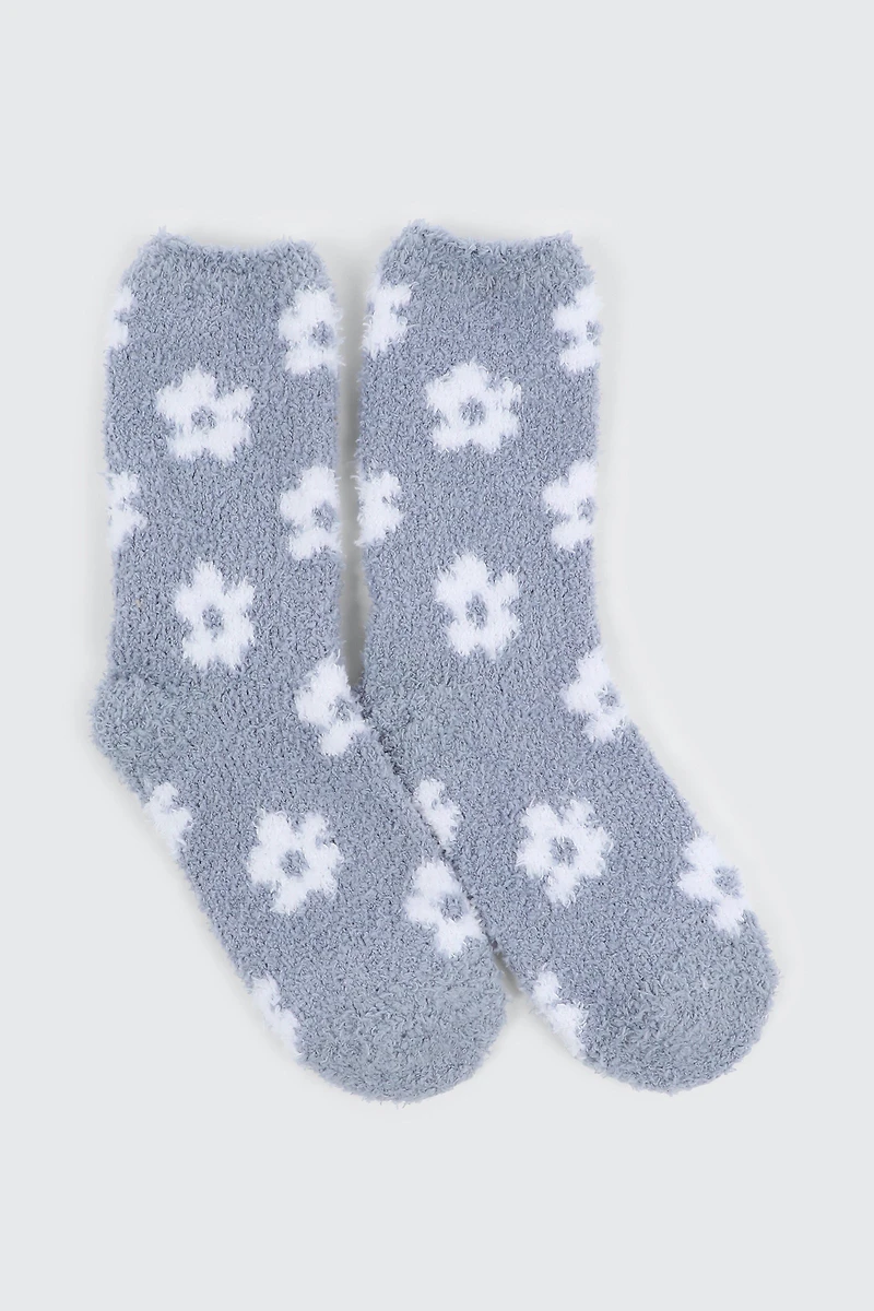 Ardene Floral Cozy Socks in Light Blue | Polyester/Spandex