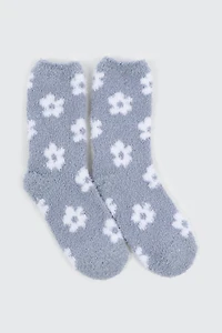 Ardene Floral Cozy Socks in Light Blue | Polyester/Spandex