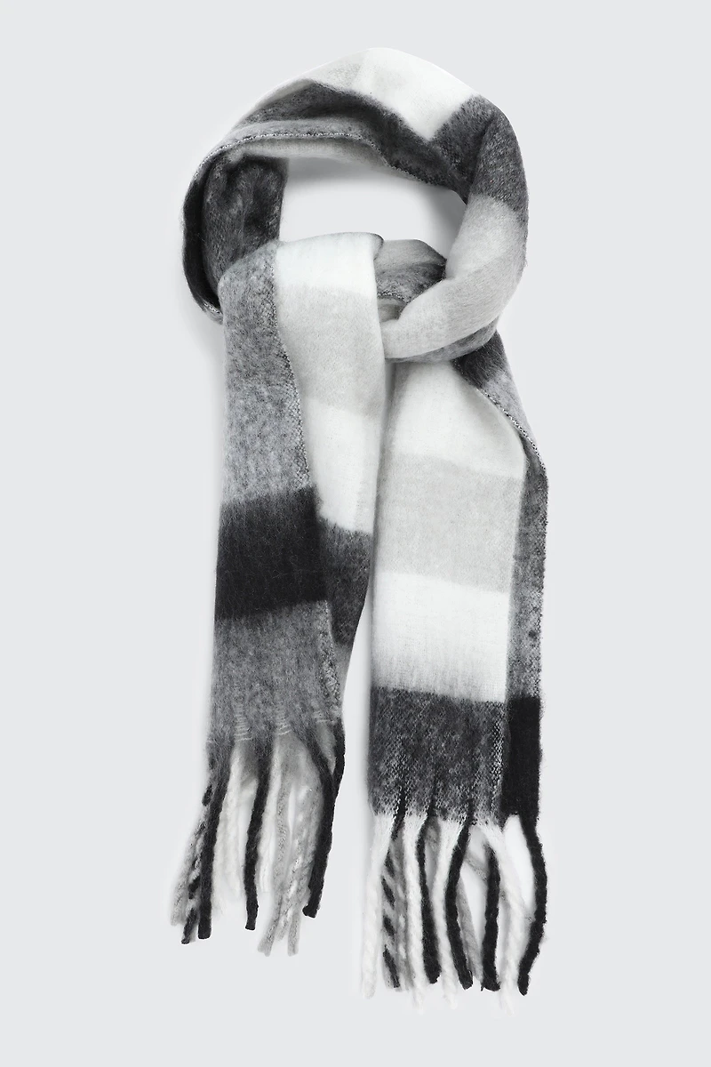Ardene Plaid Fuzzy Scarf in Black | Polyester