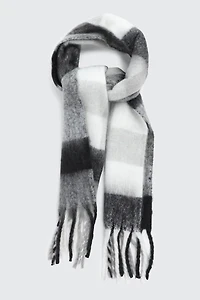 Ardene Plaid Fuzzy Scarf in Black | Polyester