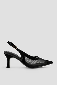Ardene Mesh Slingback Pumps in Black | Size 9 | Faux Leather/Faux Suede