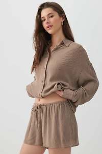 Ardene Crinkled Mid Rise Midi Shorts in Brown | Size | Polyester/Rayon
