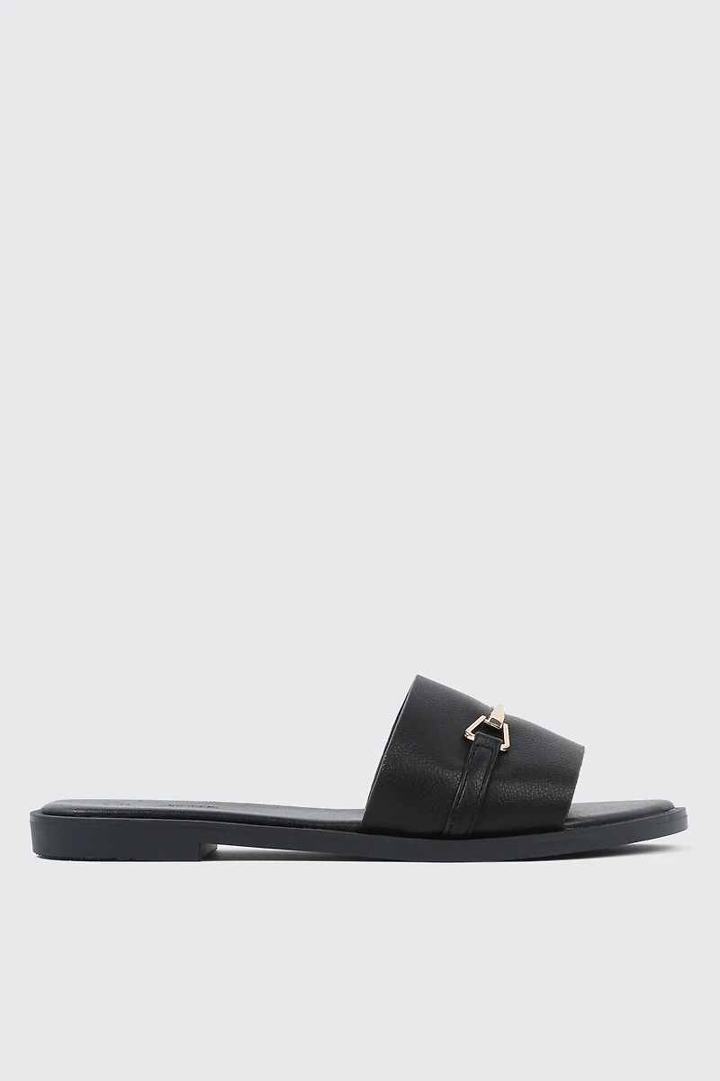 Ardene Metallic Ornament Flat Sandals in Black | Size | Faux Leather