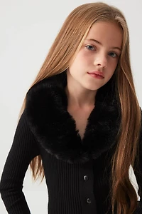 Ardene Kids Short Cardigan with Removable Faux Fur Collar in Black | Size | Polyester/Nylon/Viscose