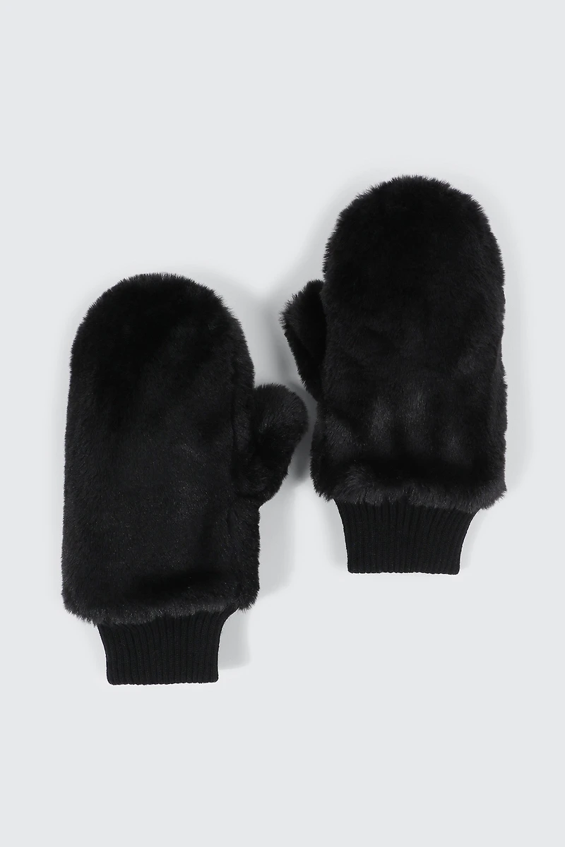 Ardene Faux Fur Mittens in Black | Polyester