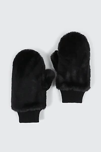 Ardene Faux Fur Mittens in Black | Polyester