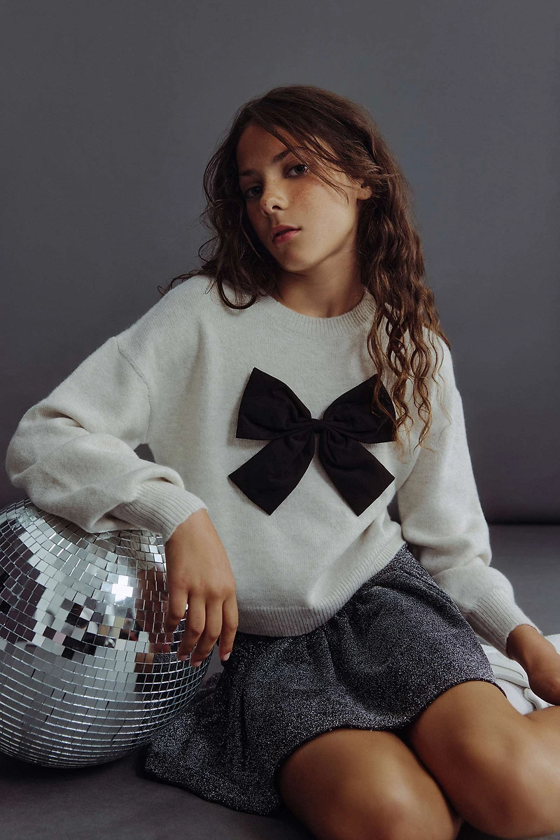 Ardene Kids Bow Print Sweater in Beige | Size | Polyester/Nylon/Elastane