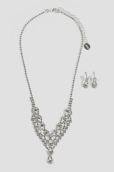 Ardene Rhinestone V Shape Necklace & Earrings Set in Silver | Stainless Steel