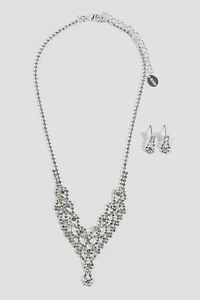 Ardene Rhinestone V Shape Necklace & Earrings Set in Silver | Stainless Steel