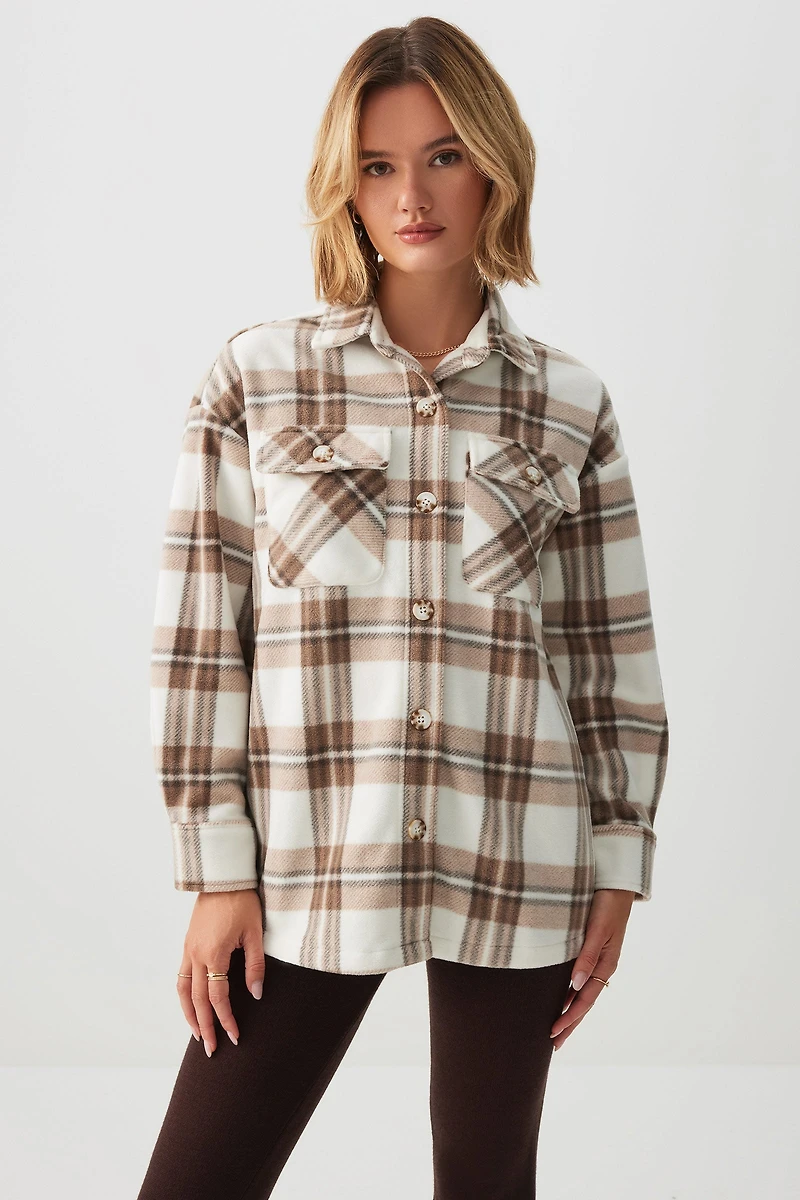 Ardene Plaid Polar Fleece Shirt in Beige | Size | Polyester | Eco-Conscious