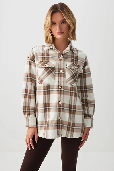 Ardene Plaid Polar Fleece Shirt in Beige | Size | Polyester | Eco-Conscious