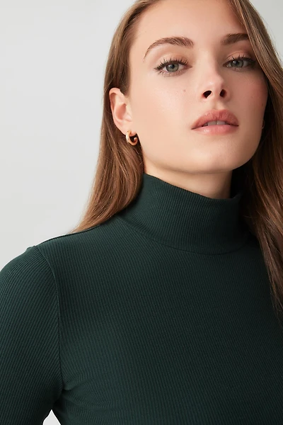 Ardene Rib Turtleneck Sweater in Dark Green | Size | Cotton/Elastane