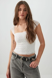 Ardene Ruched Lace Top in White | Size | Polyester/Elastane/Polyamide