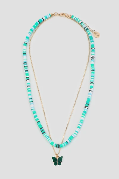 Ardene Two-Row Butterfly Necklace in Medium Green