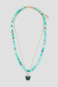 Ardene Two-Row Butterfly Necklace in Medium Green