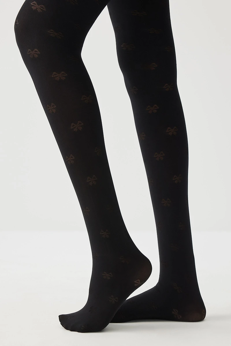Ardene Bow Pattern Tights in Black | Size Small | Nylon/Spandex