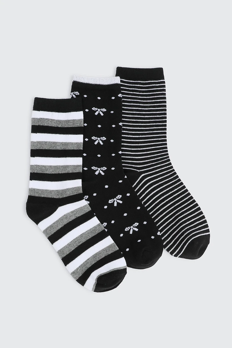 Ardene 3-Pack Polka Dot & Stripe Crew Socks in Black | Polyester/Spandex/Cotton