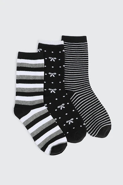 Ardene 3-Pack Polka Dot & Stripe Crew Socks in Black | Polyester/Spandex/Cotton